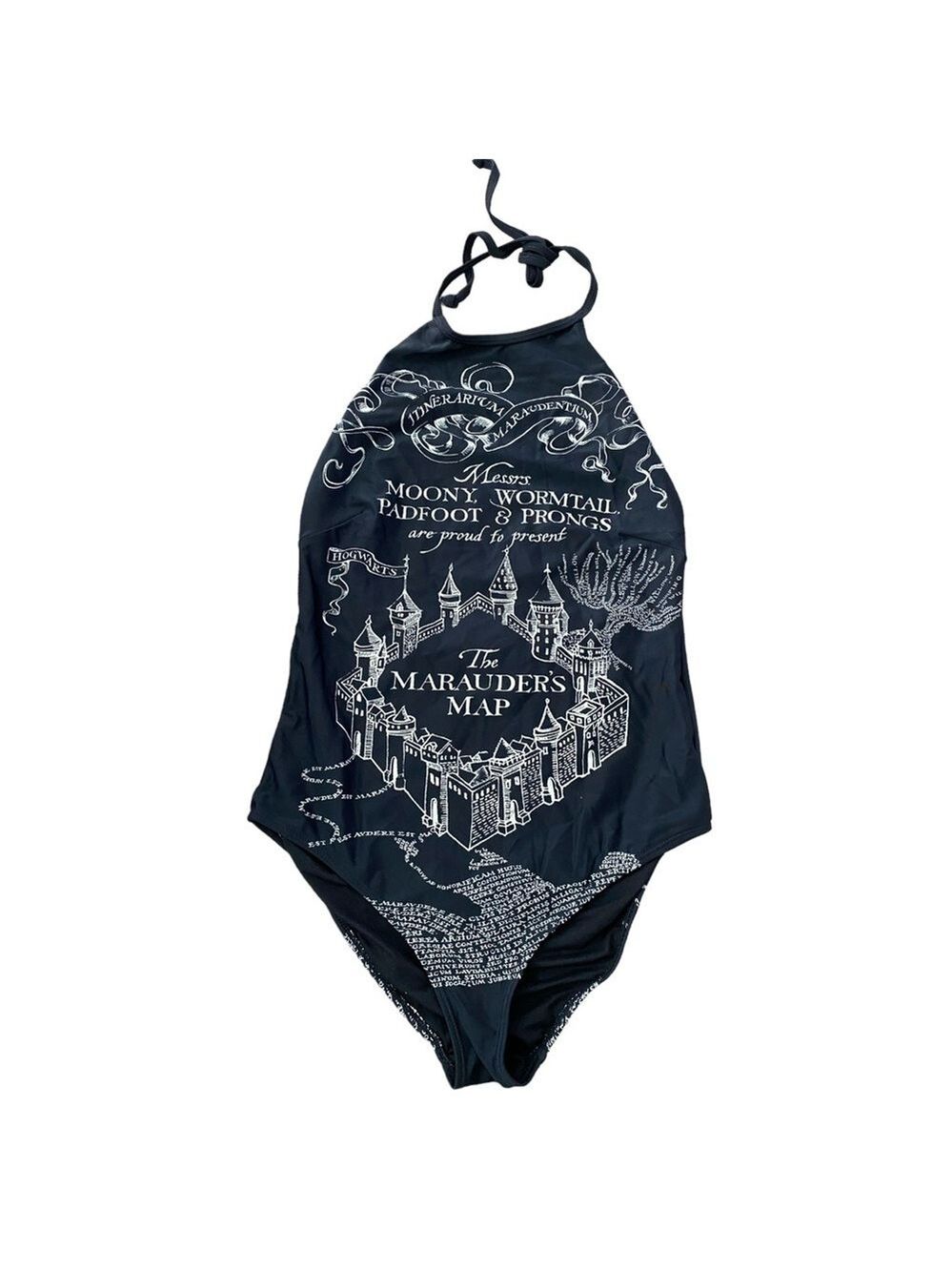 Harry Potter Women’s One Piece Swimsuit Medium Black Marauder’s Map Print - Picture 2 of 4